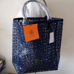 Tory Burch Fret Navy Perforated Tote BNWT